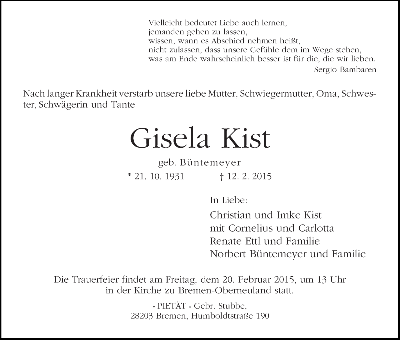 Traueranzeige von Gisela Kist von Wuemme Zeitung