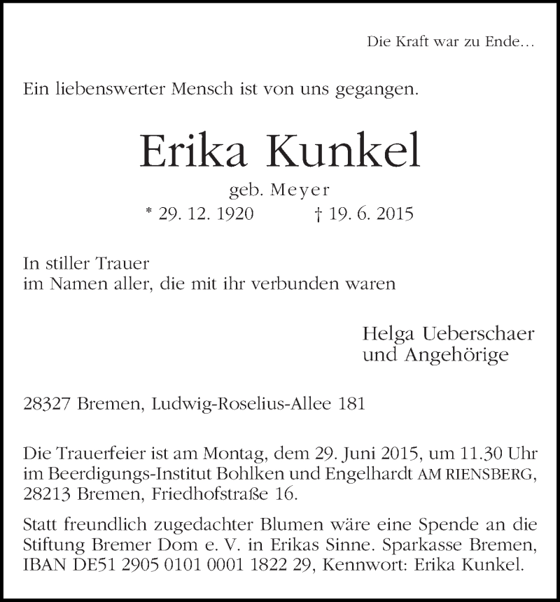 Traueranzeige von Erika Kunkel von WESER-KURIER