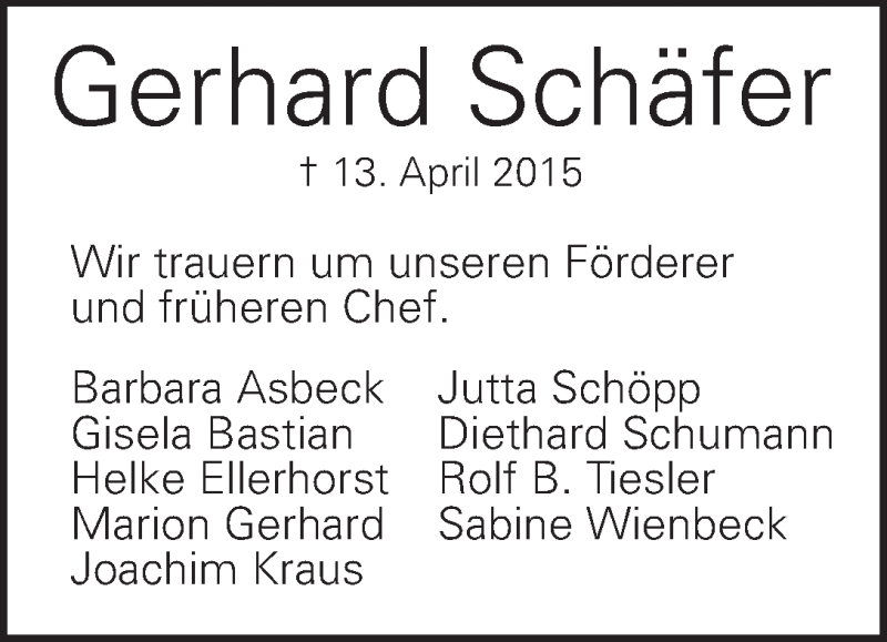 Traueranzeige von Gerhard Schäfer von WESER-KURIER