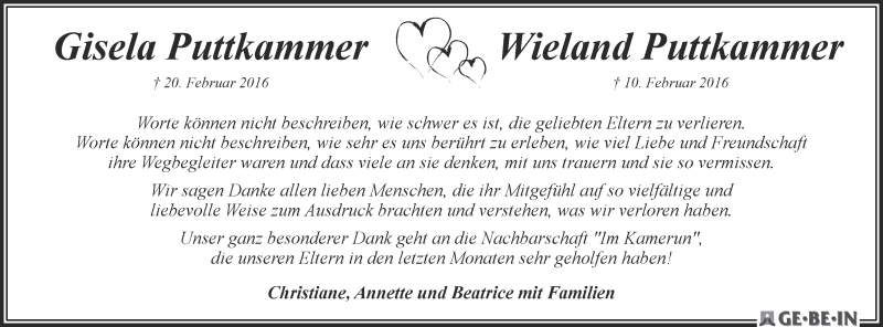 Traueranzeige von Gisela und Wieland Puttkammer von WESER-KURIER