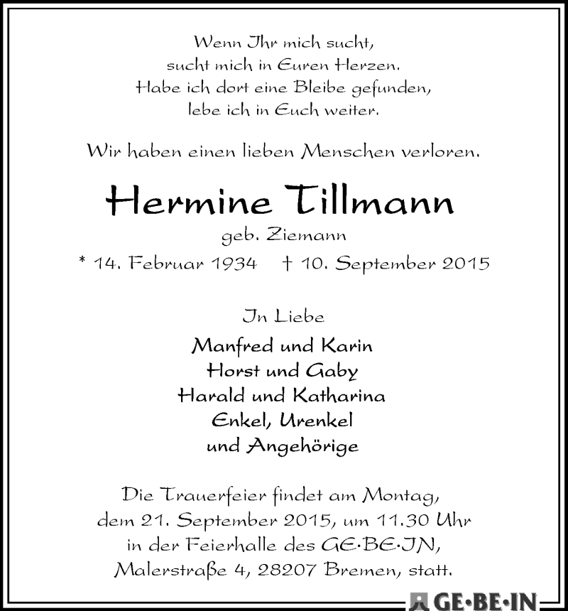 Traueranzeige von Hermine Tillmann von WESER-KURIER