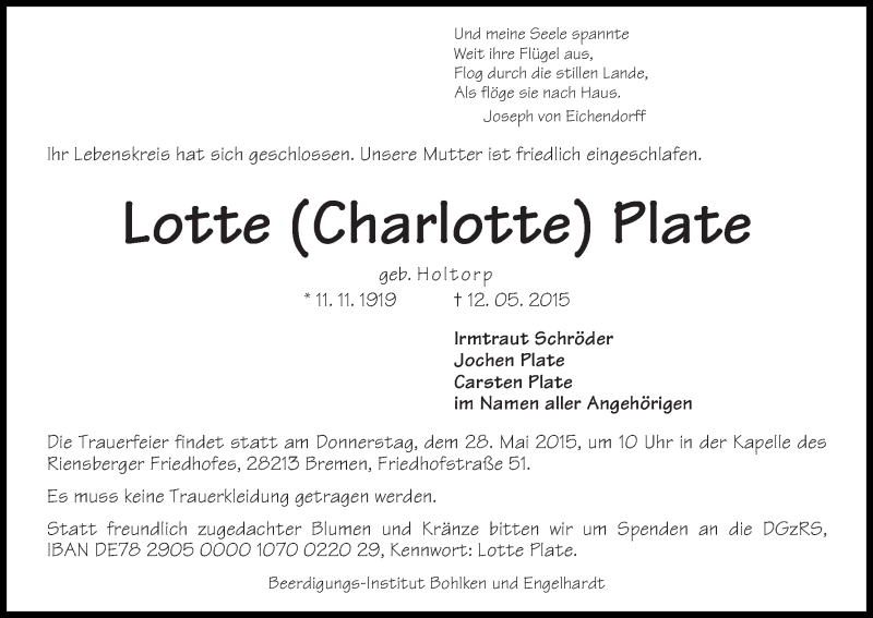 Traueranzeige von Lotte (Charlotte) Plate von WESER-KURIER