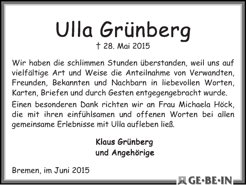 Traueranzeige von Ulla Grünberg von Die Norddeutsche