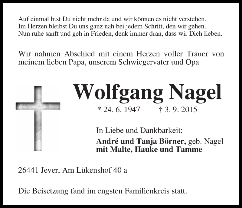 Traueranzeige von Wolfgang Nagel von Die Norddeutsche