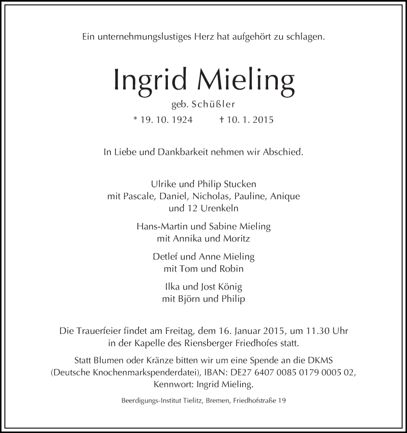 Traueranzeige von Ingrid Mieling von WESER-KURIER
