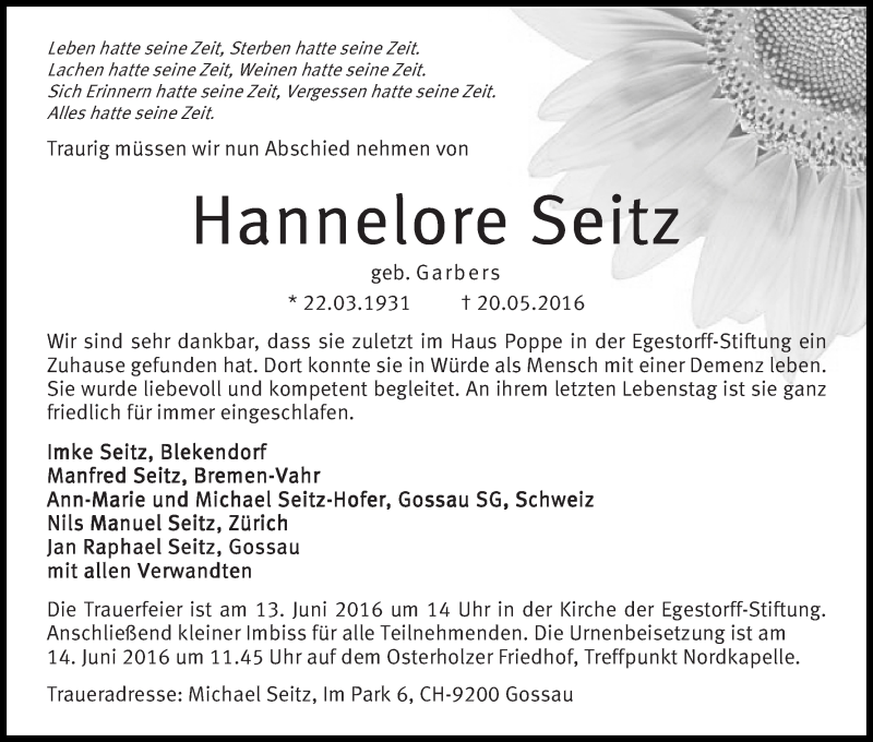 Traueranzeige von Hannelore Seitz von WESER-KURIER