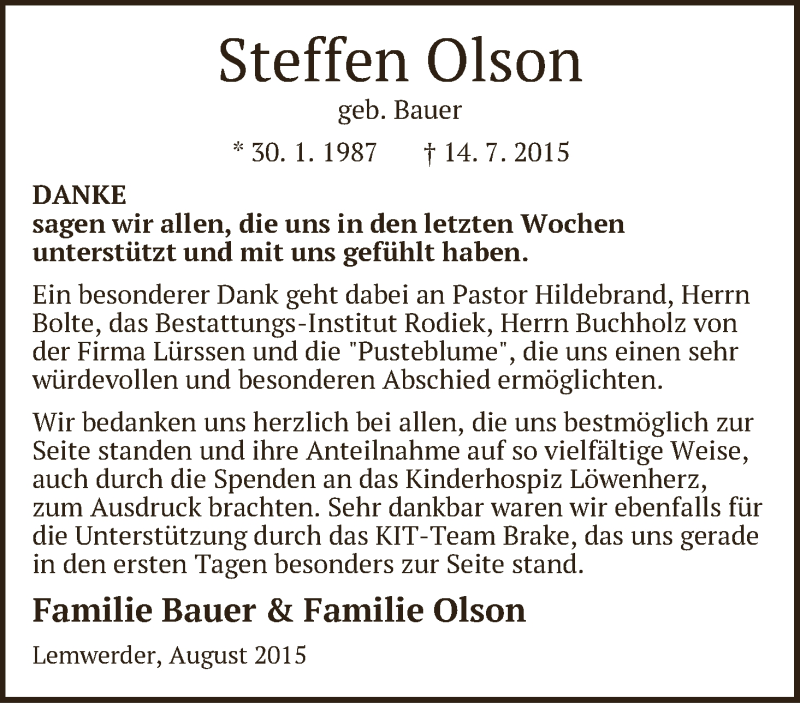 Traueranzeige von Steffen Olson von Die Norddeutsche