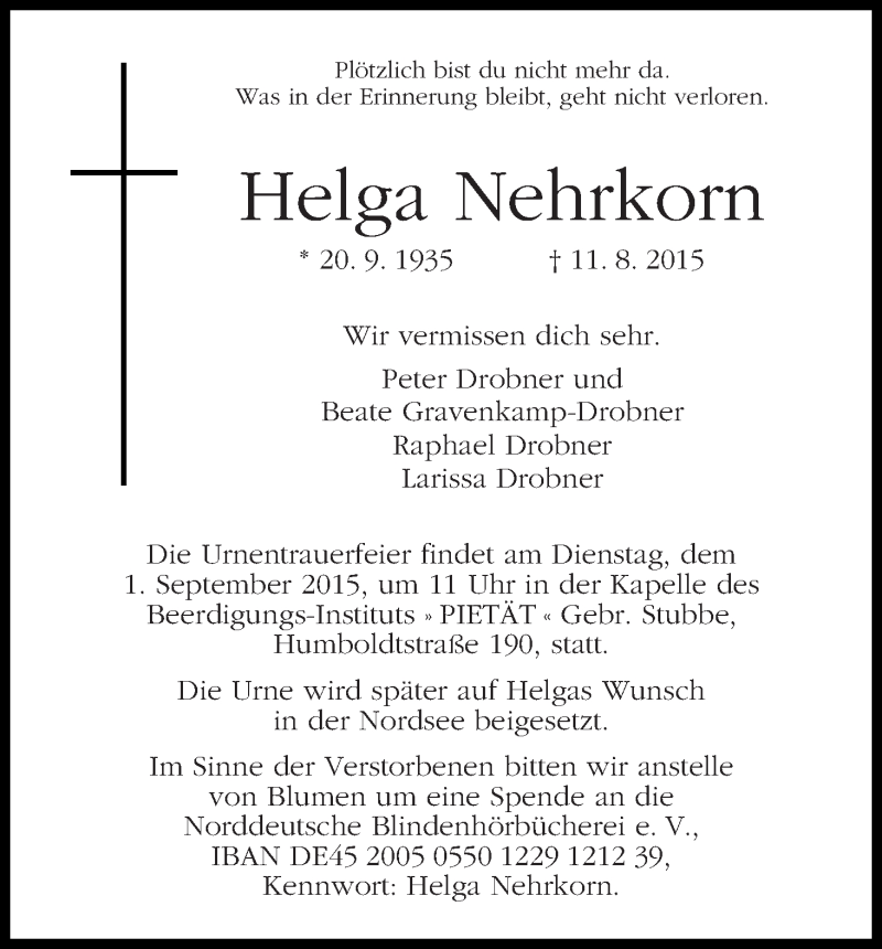 Traueranzeige von Helga Nehrkorn von WESER-KURIER