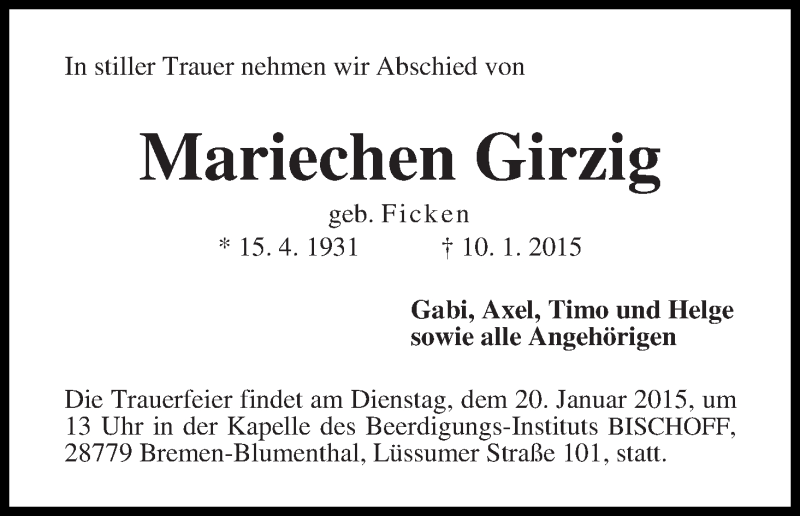 Traueranzeige von Mariechen Girzig von Die Norddeutsche
