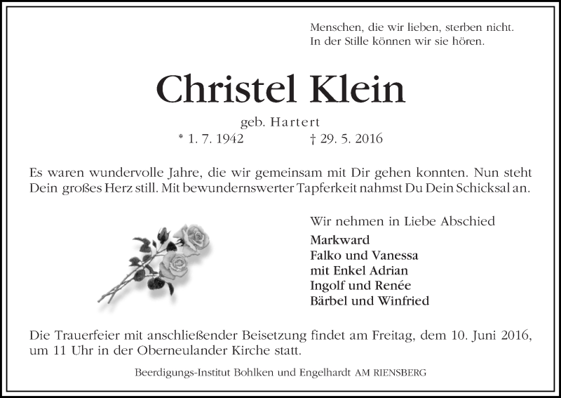 Traueranzeige von Christel Klein von WESER-KURIER