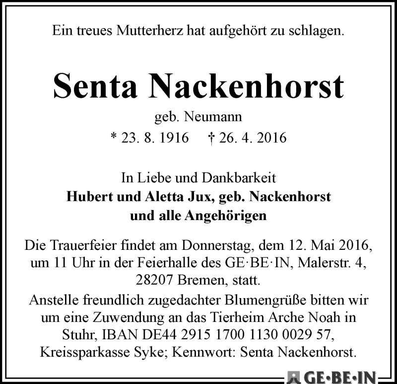 Traueranzeige von Senta Nackenhorst von WESER-KURIER
