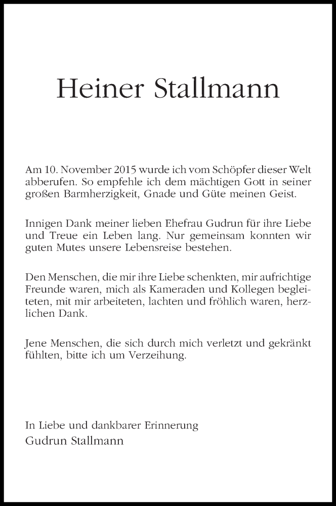 Traueranzeige von Heiner Stallmann von WESER-KURIER