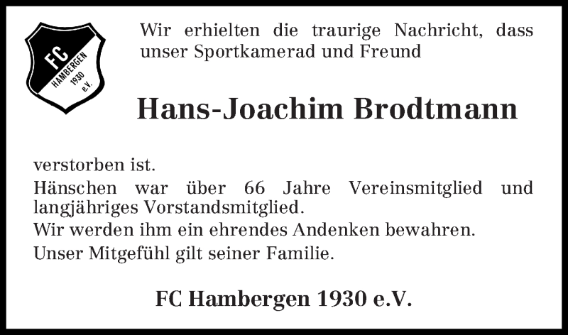 Traueranzeige von Hans-Joachim Brodtmann von Osterholzer Kreisblatt