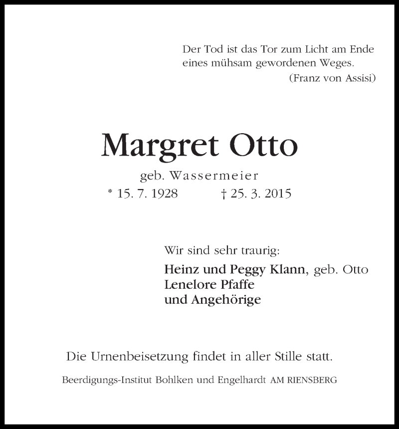 Traueranzeige von Margret Otto von WESER-KURIER