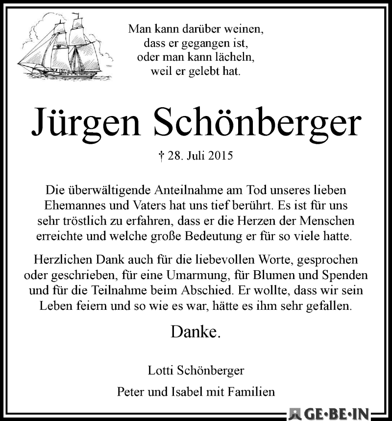 Traueranzeige von Jürgen Schönberger von WESER-KURIER
