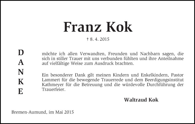 Traueranzeige von Franz Kok von Die Norddeutsche