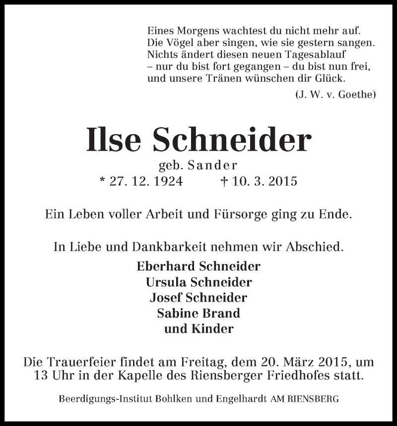 Traueranzeige von Ilse Schneider von WESER-KURIER