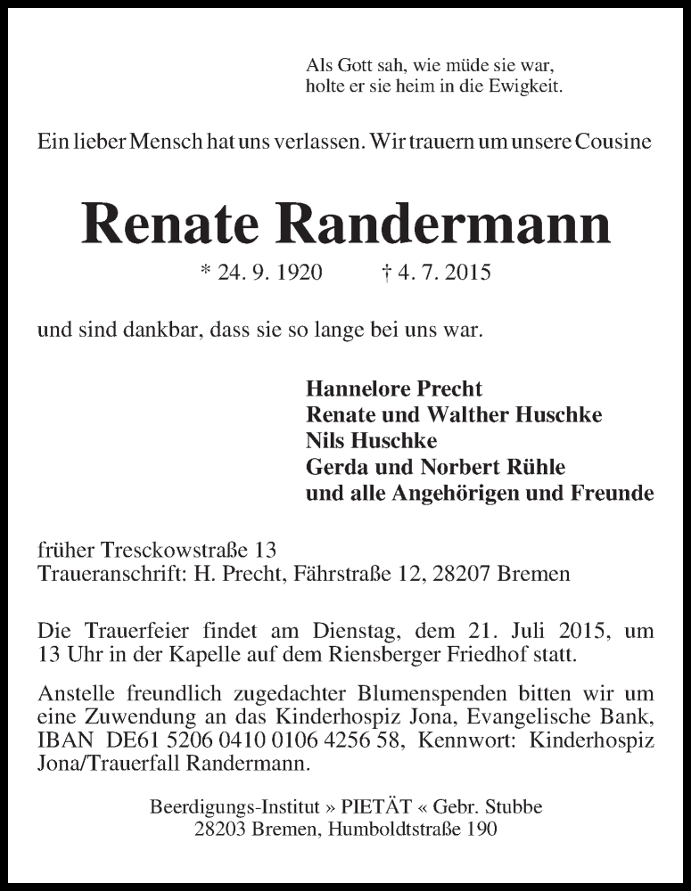Traueranzeige von Renate Randermann von WESER-KURIER