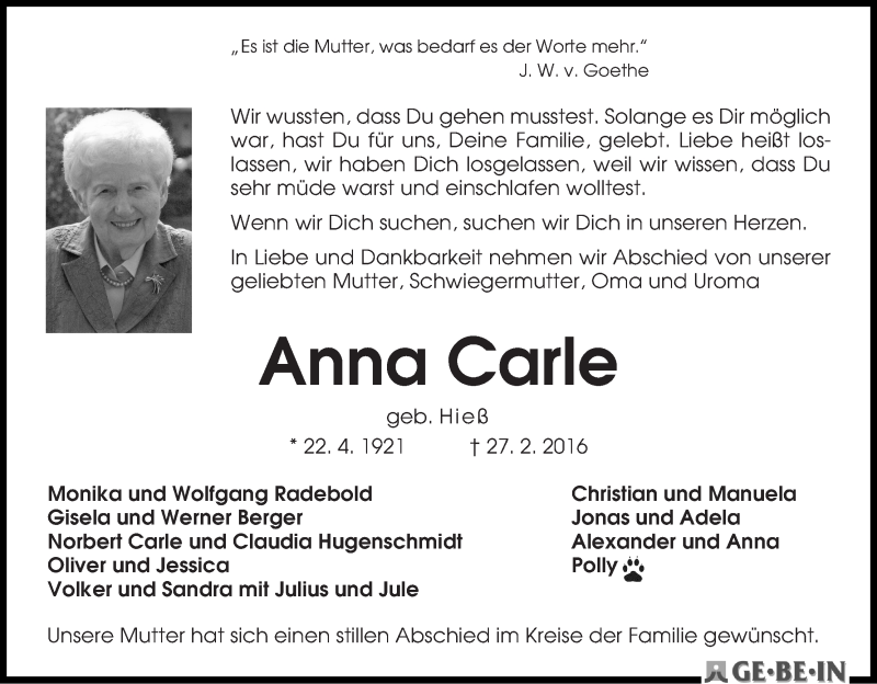 Traueranzeige von Anna Carle von WESER-KURIER