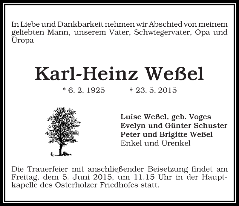 Traueranzeige von Karl-Heinz Weßel von WESER-KURIER