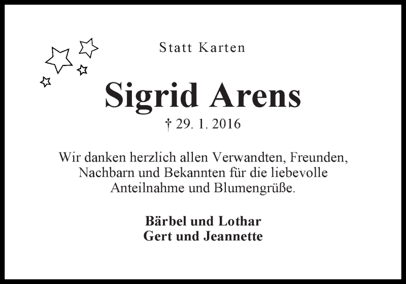 Traueranzeige von Sigrid Arens von WESER-KURIER