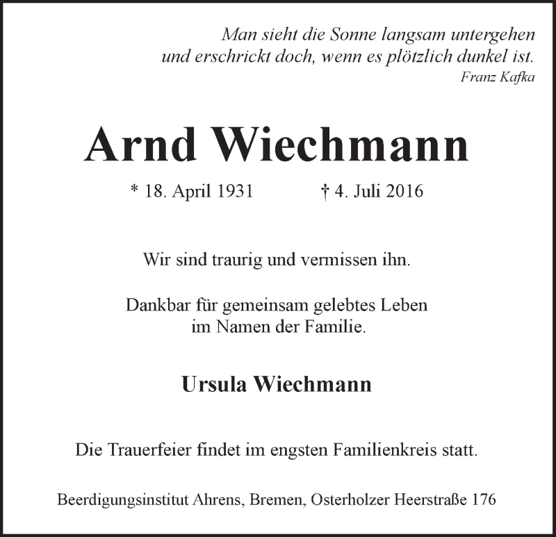 Traueranzeige von Arnd Wiechmann von WESER-KURIER
