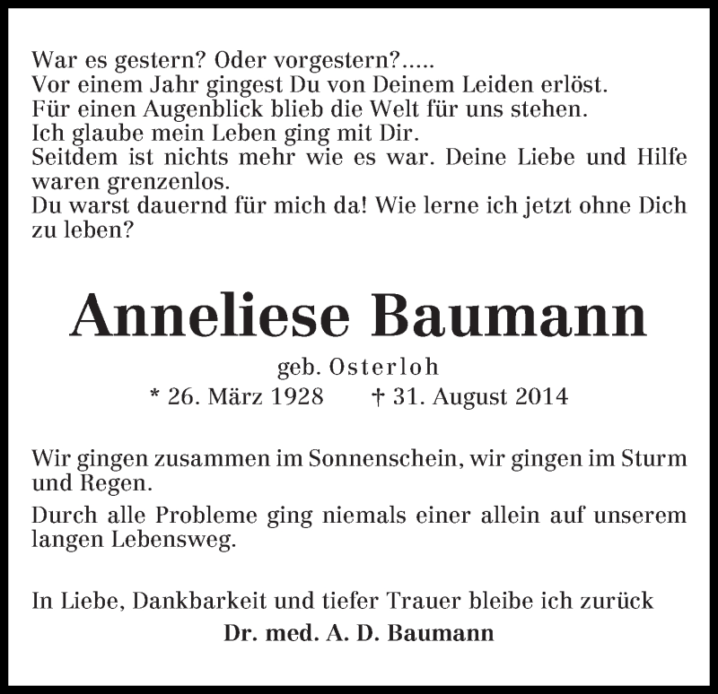 Traueranzeige von Anneliese Baumann von WESER-KURIER