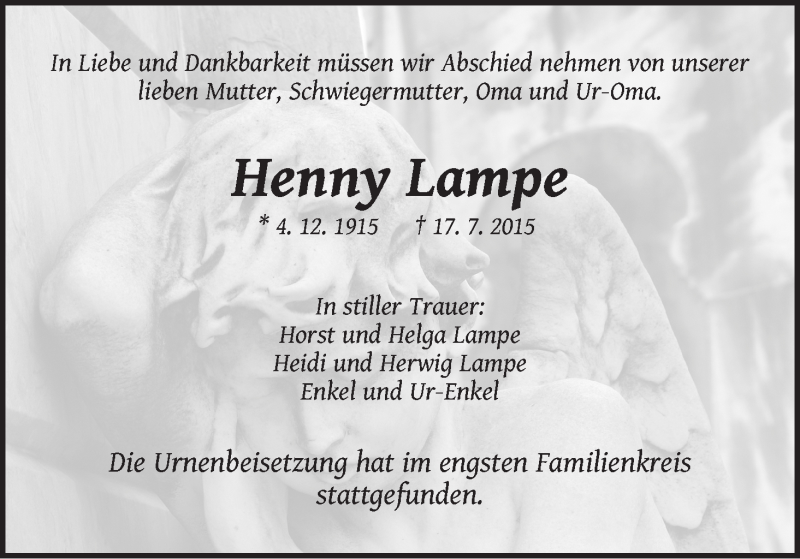 Traueranzeige von Henny Lampe von WESER-KURIER