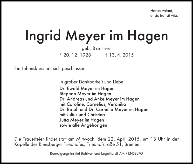 Traueranzeige von Ingrid Meyer im Hagen von WESER-KURIER