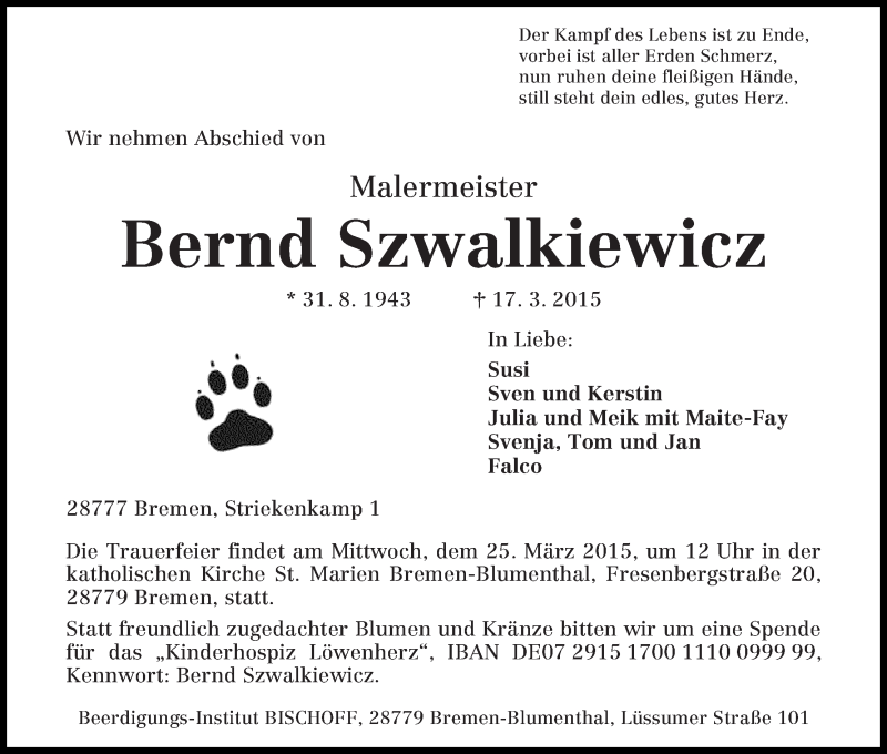 Traueranzeige von Bernd Szwalkiewicz von Die Norddeutsche