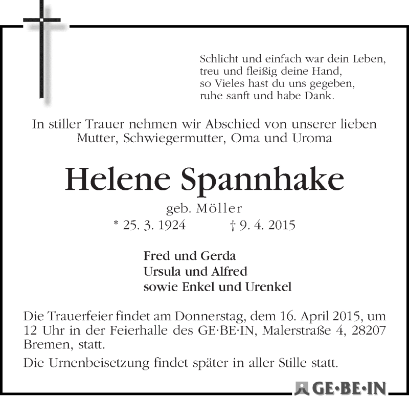 Traueranzeige von Helene Spannhake von WESER-KURIER