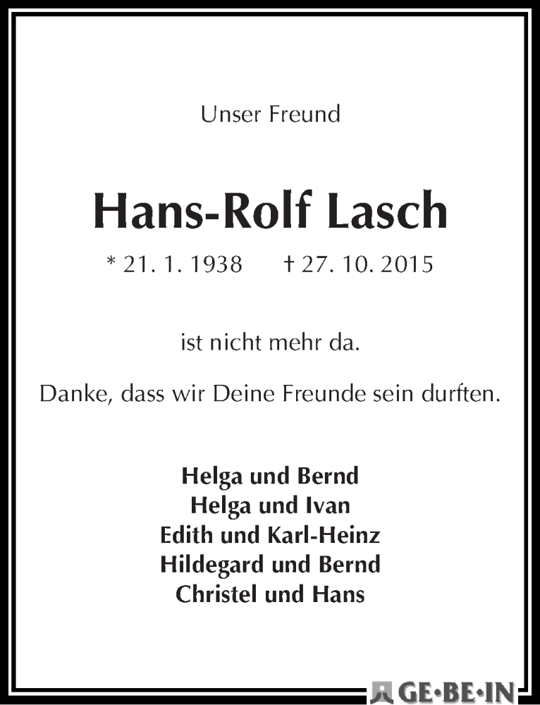 Traueranzeige von Hans-Rolf Lasch von WESER-KURIER