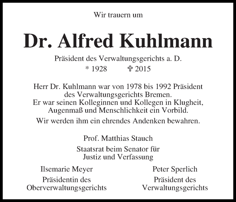Traueranzeige von Alfred Kuhlmann von WESER-KURIER