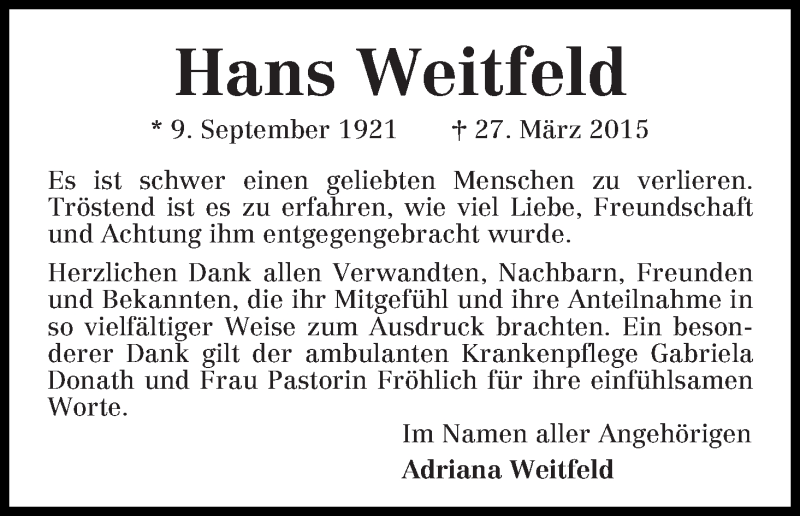 Traueranzeige von Hans Weitfeld von WESER-KURIER