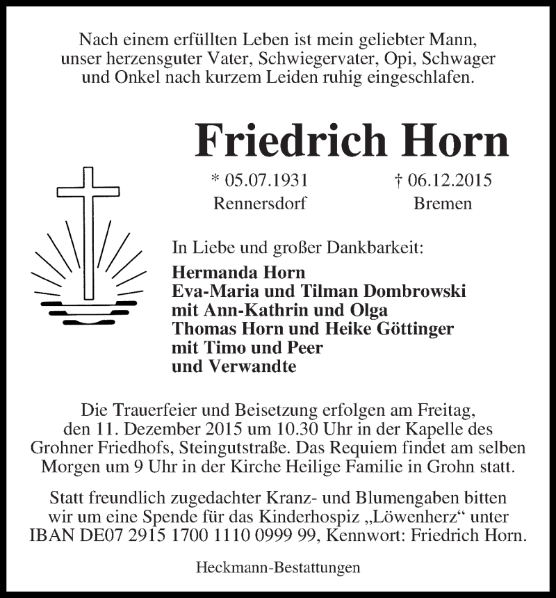 Traueranzeige von Friedrich Horn von Die Norddeutsche