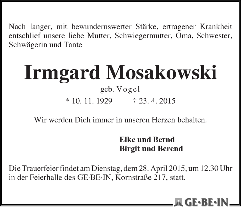 Traueranzeige von Irmgard Mosakowski von WESER-KURIER