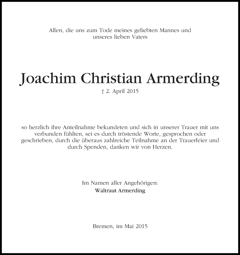 Traueranzeige von Joachim Christian Armerding von WESER-KURIER