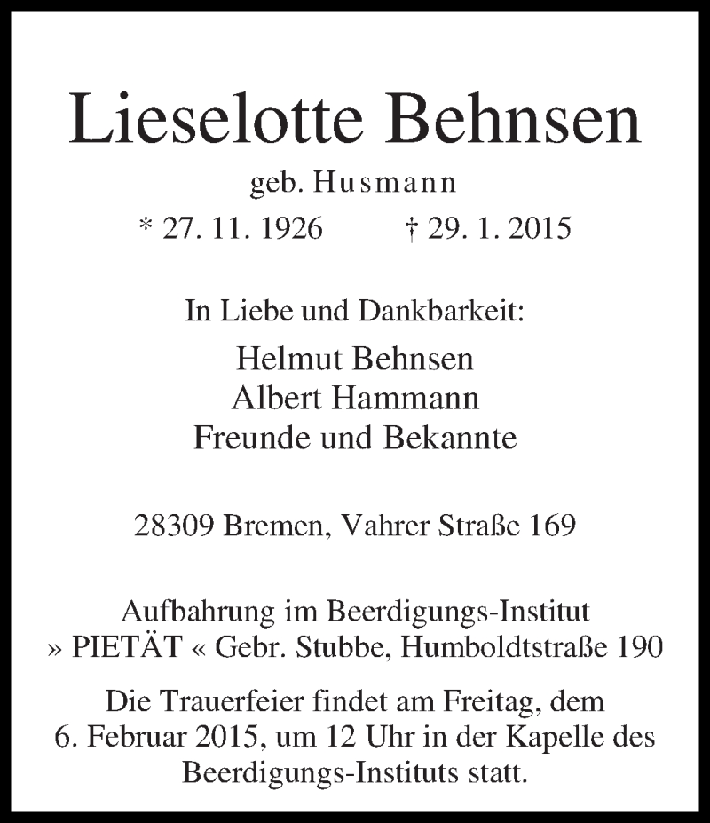 Traueranzeige von Lieselotte Behnsen von WESER-KURIER