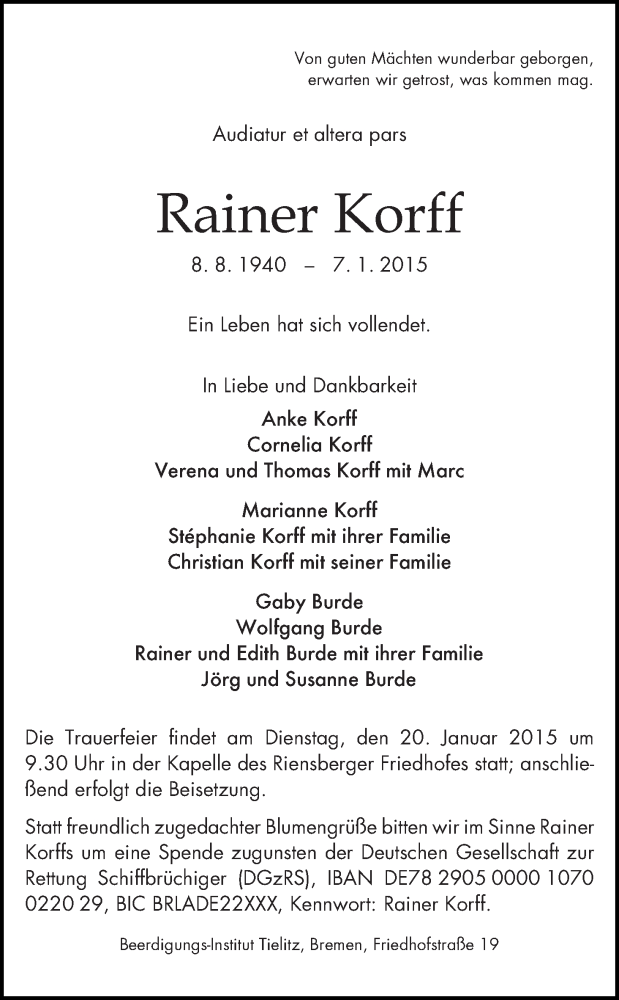 Traueranzeige von Rainer Korff von WESER-KURIER