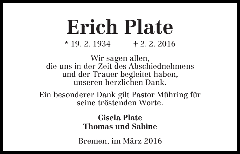 Traueranzeige von Erich Plate von WESER-KURIER