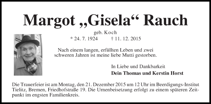 Traueranzeige von Margot Rauch von WESER-KURIER