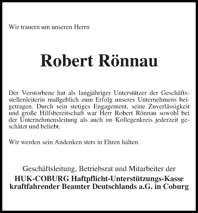 Traueranzeige von Robert Rönnau von WESER-KURIER