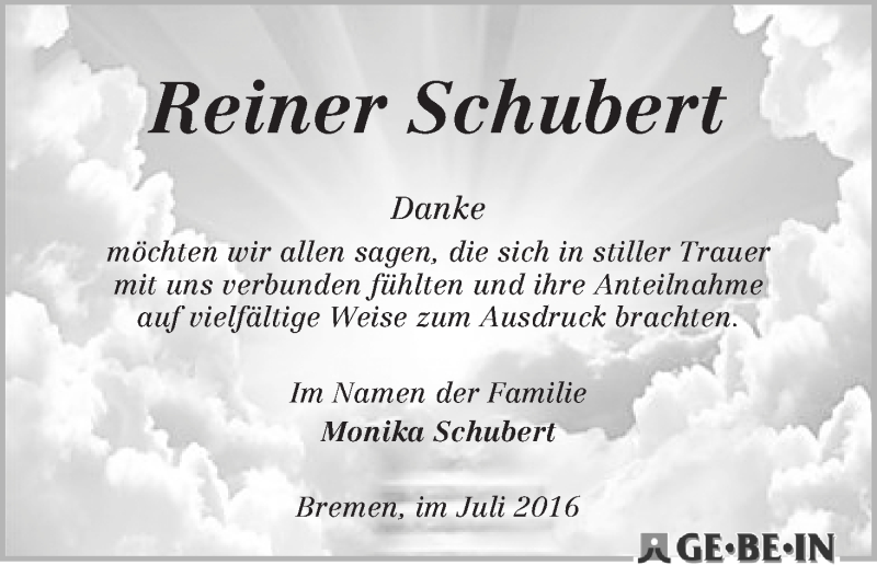 Traueranzeige von Reiner Schubert von WESER-KURIER