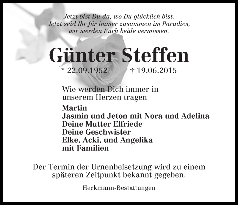 Traueranzeige von Günther Steffen von Die Norddeutsche