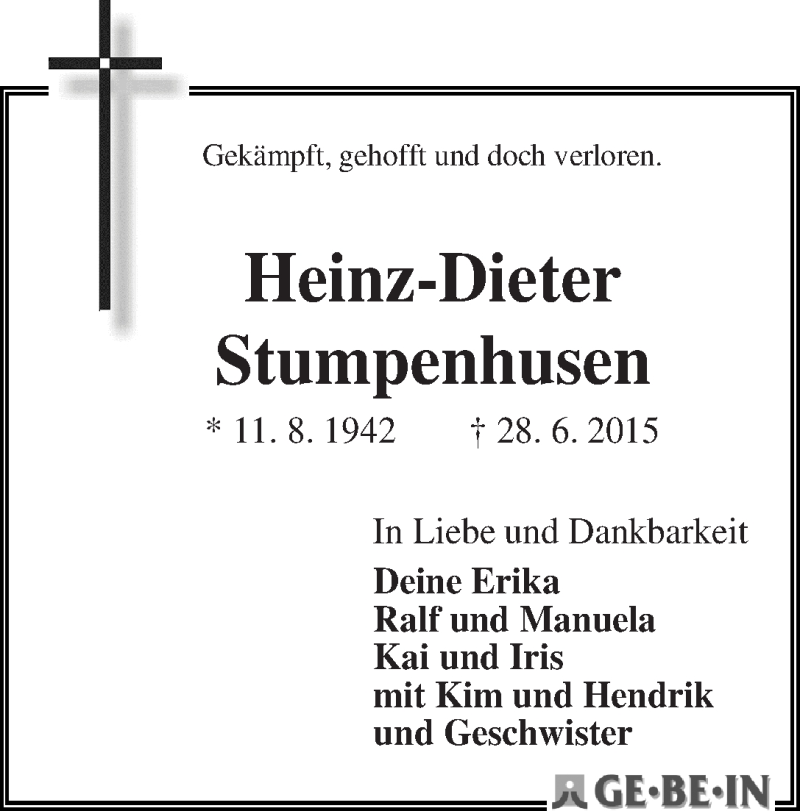 Traueranzeige von Heinz-Dieter Stumpenhusen von WESER-KURIER