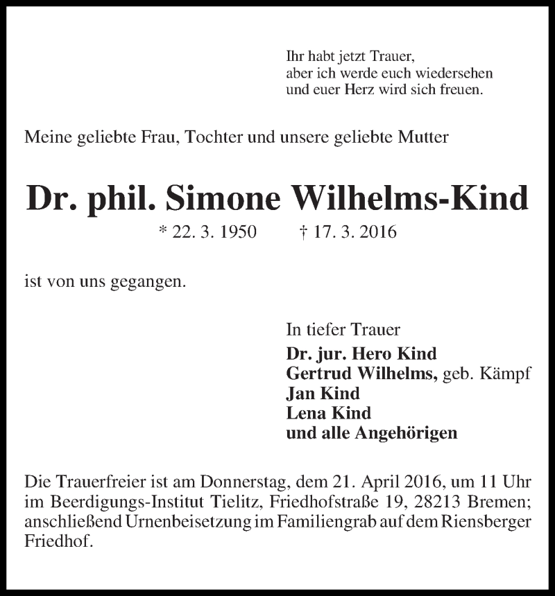 Traueranzeige von Simone Wilhelms-Kind von WESER-KURIER