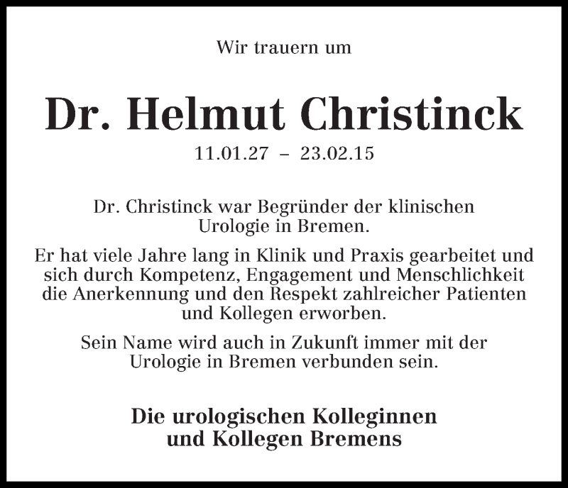 Traueranzeige von Helmut Christinck von WESER-KURIER
