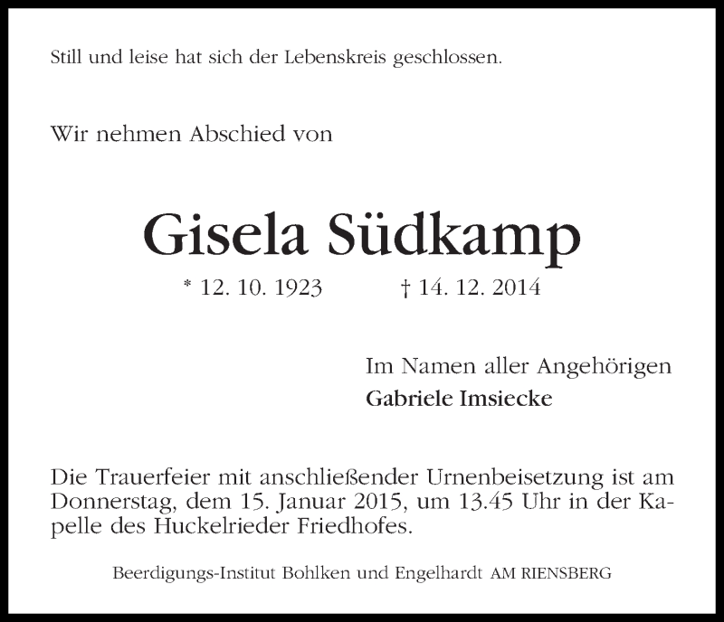 Traueranzeige von Gisela Südkamp von WESER-KURIER