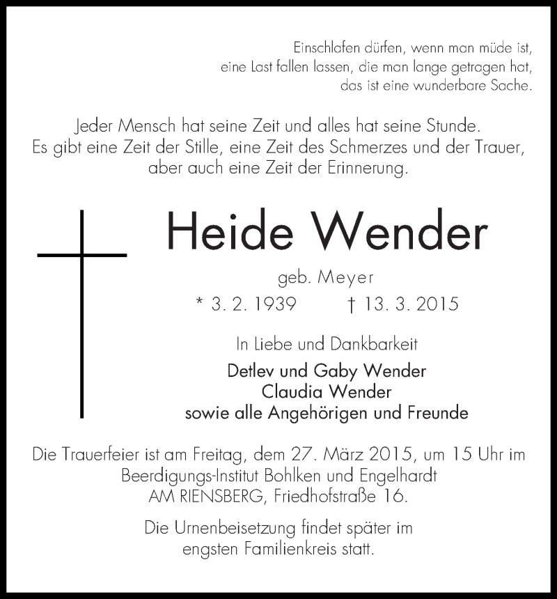 Traueranzeige von Heide Wender von WESER-KURIER