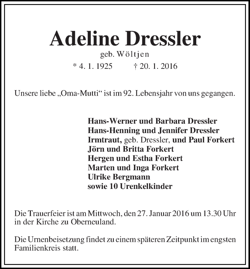 Traueranzeige von Adeline Dressler von WESER-KURIER